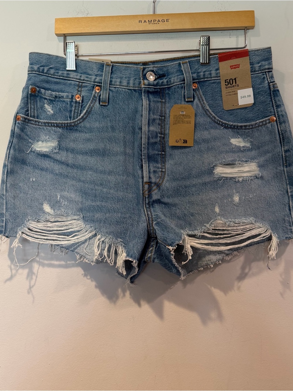 Levi's Women's 501 High Rise Fitted Through Blue Denim Cutoff Shorts - Picture 3 of 7
